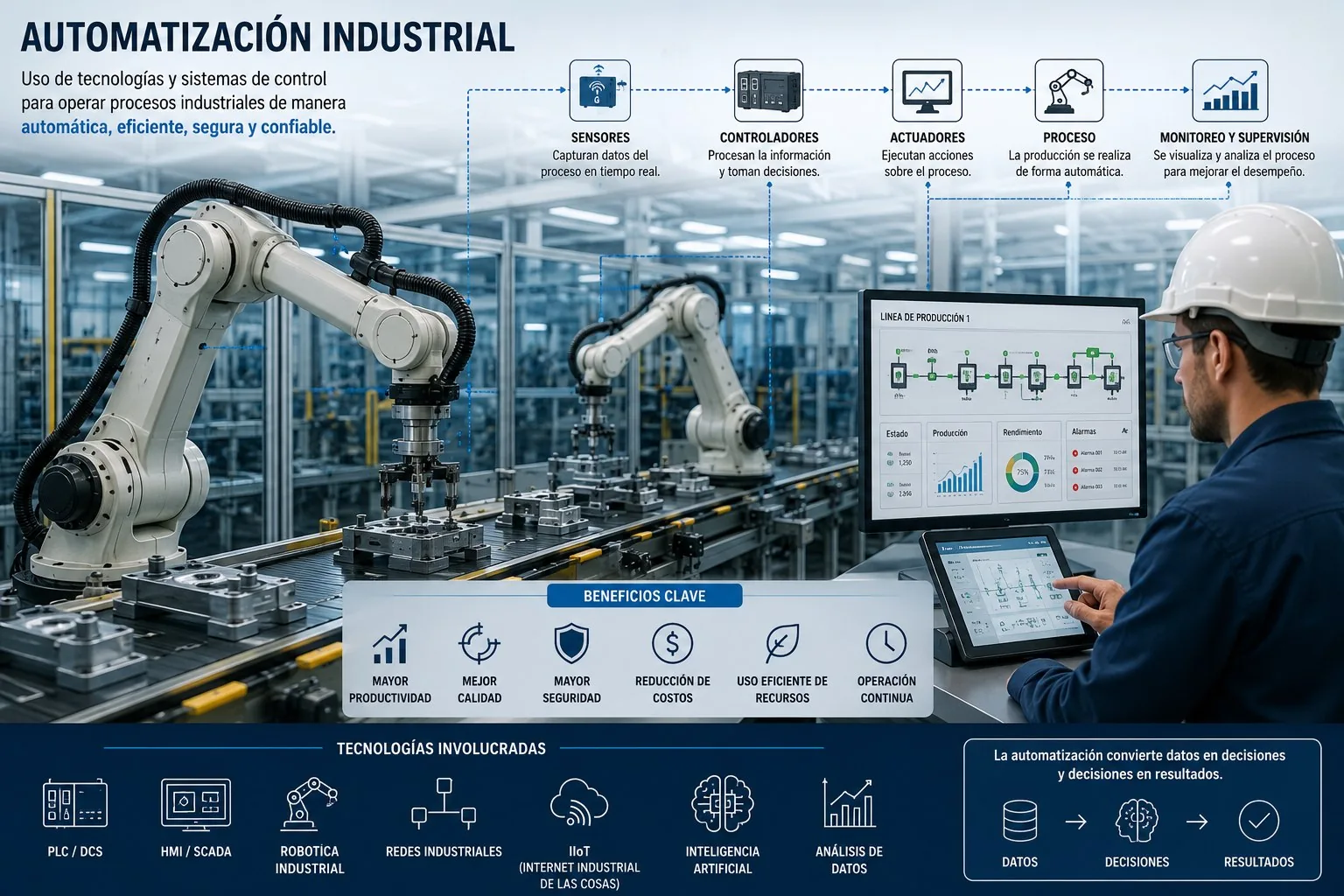 Automatización industrial de VoltiaJP: célula robotizada con supervisión de línea de producción, estados, producción y alarmas